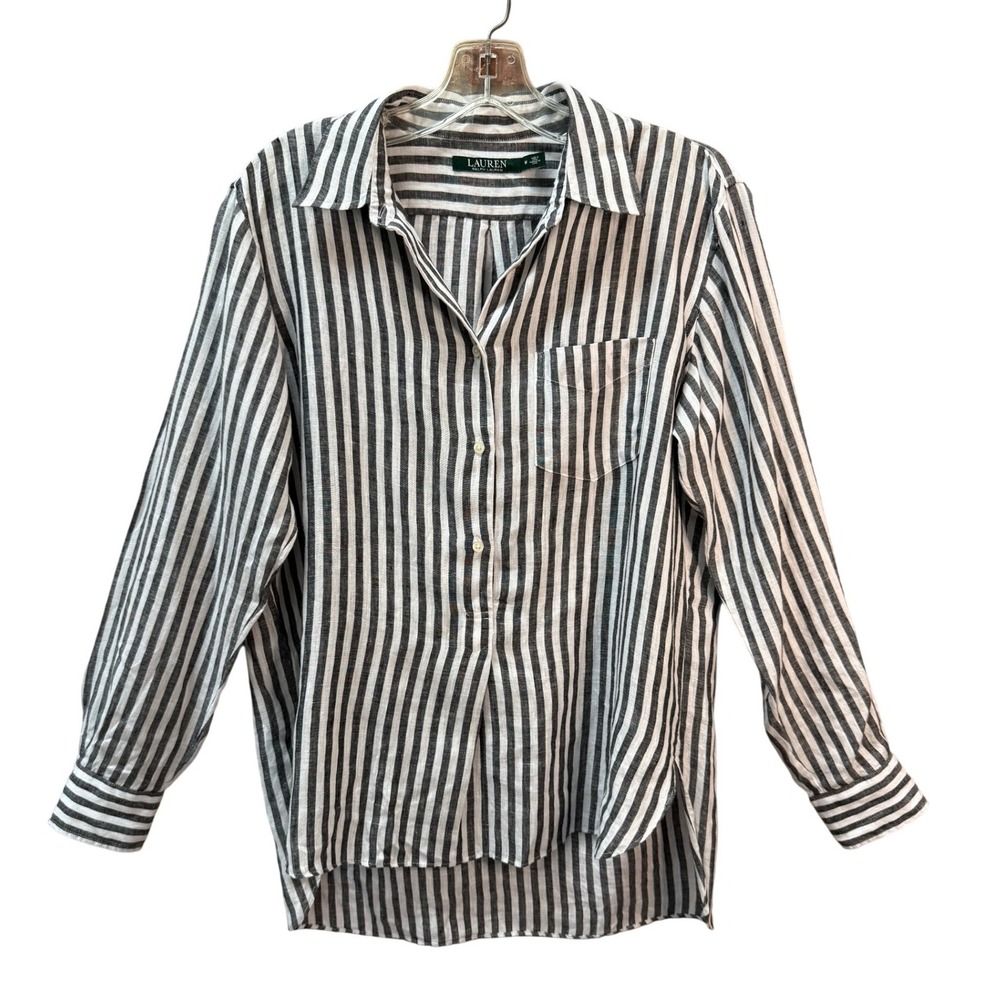 Lauren Ralph‎ Lauren Women's Striped Linen Blend Popover Blouse Size Medium